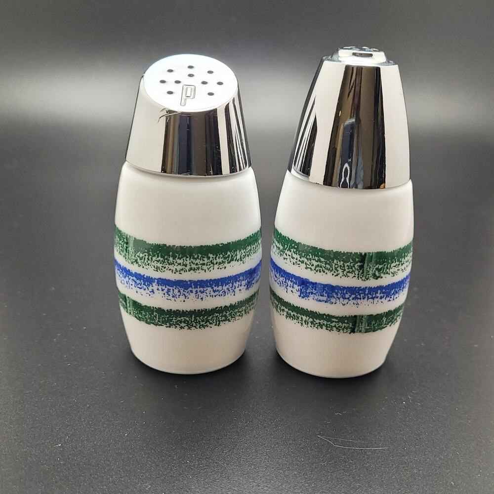 Vintage Gemco 70s Salt Pepper Shakers Stripe Chrome Top Retro Kitchen MCM